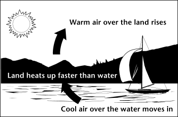 Image of how uneven heating of water and land causes wind.   Land heats up faster than water.  Warm air over the land rises.  Cool air over the water moves in.